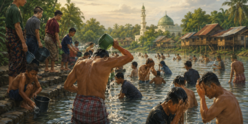 Ilustrasi mandi massal jelang puasa Ramadhan. (Gambar AI)