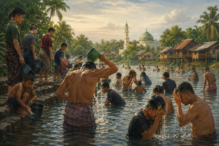 Ilustrasi mandi massal jelang puasa Ramadhan. (Gambar AI)